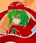  1girl autumn_leaves bow colored frills front_ponytail green_eyes green_hair hair_bow hair_ribbon highres kagiyama_hina leaf maple_leaf parted_lips ribbon smile solo touhou tsukioka_shien xruix 