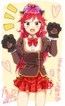  1girl 2015 :d aikatsu! animal_ears bow bowtie brown_eyes dated fake_animal_ears fang gloves hair_bow heart highres long_hair looking_at_viewer open_mouth otoshiro_seira paw_gloves ponytail red_skirt redhead skirt smile solo tarachine translation_request 