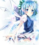  absurdres blue_dress blue_eyes blue_hair blue_panties blush bow cirno dress hair_bow highres looking_at_viewer open_mouth panties ruriruno shirt short_hair short_sleeves solo striped striped_panties touhou underwear wind_lift wings 