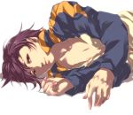  1boy inazuma_eleven_(series) inazuma_eleven_go male minamisawa_atsushi nipples on_side open_clothes purple_hair shiro_(reptil) short_hair solo white_background 