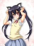  :o animal_ears armpits arms_up black_hair brown_hair cat_ears k-on! kemonomimi_mode long_hair nakano_azusa paw_print roura school_uniform skirt solo sweater_vest twintails white_background 