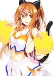  animal_ears blush breasts brown_eyes brown_hair cat_ears cat_tail cheerleader chuunibyou_demo_koi_ga_shitai! cleavage coracola hair_ornament hairclip highres long_hair looking_at_viewer midriff navel nibutani_shinka one_side_up open_mouth paw_pose pom_poms side_ponytail skirt smile solo tail 