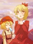  aki_minoriko aki_shizuha blonde_hair blush closed_eyes dress eyes_closed hat highres leaf leaf_on_head miyo_(ranthath) multiple_girls open_mouth popsicle short_hair siblings sisters skirt tongue tongue_out touhou yellow_eyes 