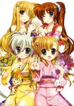  :3 :d :o ;o absurdres asteion blonde_hair blue_eyes blush blush_stickers bouquet bow breasts brown_hair bunny cat cleavage drink einhart_stratos fate_testarossa flower fujima_takuya green_eyes green_hair highres japanese_clothes kimono long_hair lyrical_nanoha mahou_shoujo_lyrical_nanoha_vivid multiple_girls off_shoulder open_mouth purple_eyes rabbit red_eyes ribbon sacred_heart scan scarf side_ponytail smile takamachi_nanoha v violet_eyes vivio wink 