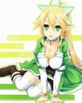  blonde_hair blush breasts cleavage collarbone elf green_eyes highres leafa long_hair outline pinkarage pointy_ears ponytail sitting smile solo sword_art_online thigh-highs thighhighs white_legwear 