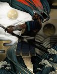  armor beard copyright_request egasumi facial_hair katana kusazuri looking_up male mitsudomoe_(shape) ocean p-p samurai seigaiha sode solo sword tomoe_(symbol) waves weapon 