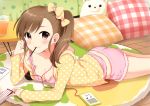  :3 ass bow bra breasts brown_eyes brown_hair cleavage digital_media_player earbuds earphones frills futami_mami glass hair_bow hair_ornament idolmaster looking_at_viewer lying mouth_hold on_stomach pillow pocky polka_dot ponytail pu_uq side_ponytail solo stuffed_toy underwear 