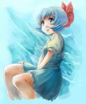  absurdres blue_eyes blue_hair bow cirno hair_bow highres lips manyu no_wings short_hair skirt smile solo touhou v_arms 
