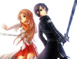  1girl asuna_(sao) back-to-back black_eyes black_hair breastplate brown_eyes brown_hair freeze-ex kirito long_hair short_hair sword sword_art_online thigh-highs thighhighs weapon 