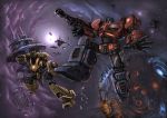  autobot bumblebee cybertron glowing gun highres mecha optimus_prime robot space transformers transformers:_war_for_cybertron weapon 