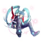  1girl aqua_eyes aqua_hair back-to-back elbow_gloves gloves hatsune_miku hatsune_mikuo headphones highres locked_arms long_hair open_mouth red_legwear thigh-highs thighhighs tiahszld twintails very_long_hair vocaloid 