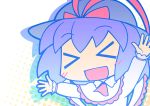  &gt;_&lt; :d arms_up blue_hair bust capelet ebizome halftone halftone_background hat highres nagae_iku open_mouth short_hair smile solo touhou xd 