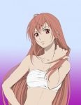  bandeau bare_shoulders hair_flick hair_flip hand_on_hip kusaribe_hakaze lips long_hair midriff red_eyes red_hair redhead solo zetsuen_no_tempest 