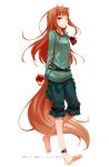  ;) absurdres animal_ears ankleband anklet apple arms_behind_back ayakura_juu barefoot brown_hair capri_pants feet food fruit highres holo jewelry long_hair pouch red_eyes scan simple_background smile solo spice_and_wolf tail toes wink wolf_ears wolf_tail 
