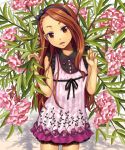  bow brown_eyes brown_hair camisole camisole_over_clothes drawr floral_background flower flower_request goe hair_bow hairband idolmaster long_hair looking_at_viewer minase_iori plant short_sleeves solo 