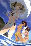  absurdres bikini black_hair blonde_hair brown_eyes brown_hair closed_eyes cloud clouds daitoku_junna eyes_closed frilled_bikini frills highres koujiro_frau legs multiple_girls nyantype official_art parasol robotics;notes senomiya_akiho short_hair side-tie_bikini sky splash splashing striped striped_bikini striped_swimsuit swimsuit swimsuit tan tanline twintails umbrella wading water 