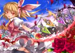  :d ascot black_legwear blonde_hair blush fang flandre_scarlet flower hair_ribbon karlwolf long_hair looking_at_viewer no_hat no_headwear open_mouth petals red_eyes red_rose revision ribbon rose side_ponytail skirt smile solo thigh-highs thighhighs touhou wind wings 