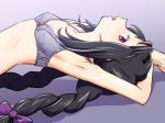  akemi_homura arms_up black_hair bra braid hairband long_hair looking_at_viewer lying mahou_shoujo_madoka_magica on_back open_mouth sat-c small_breasts twin_braids underwear violet_eyes 