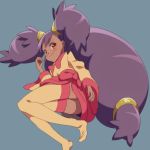  3: blush bow dark_skin feet gonyopon gym_leader hair_ornament hairclip highres iris_(pokemon) long_hair lying no_pants no_shoes orange_eyes pokemon pokemon_(anime) pokemon_(game) pokemon_bw ponytail purple_hair ribbon riotto solo thigh-highs thighhighs twintails very_long_hair yellow_legwear 