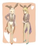  animal_ears blonde_hair bunny_ears fate/zero fate_(series) green_eyes hat irisviel_von_einzbern leotard long_hair magician mmm_(xbit) multiple_girls pantyhose ponytail rabbit_ears red_eyes saber top_hat white_hair wink 