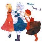  aki_minoriko aki_shizuha blonde_hair blue_eyes boots colored_pencil_(medium) dress english flying_sweatdrops food fruit grapes hair_ornament hat holding leaf leaf_on_head letty_whiterock mary_janes multiple_girls open_mouth pushing reverse_translation shoes short_hair simple_background terajin tiptoes touhou traditional_media white_background white_hair 