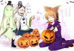  alternate_costume bat brown_hair cape closed_eyes earmuffs eyes_closed fang ghost ghost_tail hat horns jack-o'-lantern japanese_clothes kariginu knife long_hair long_sleeves makuwauri mask mononobe_no_futo multiple_girls musical_note pants ponytail pumpkin shirt short_hair silver_hair skirt smile soga_no_tojiko tate_eboshi touhou toyosatomimi_no_miko translation_request wide_sleeves 