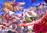  :d ascot black_legwear blonde_hair blush fang flandre_scarlet flower hair_ribbon karlwolf long_hair looking_at_viewer no_hat no_headwear open_mouth petals red_eyes red_rose ribbon rose side_ponytail skirt smile solo thigh-highs thighhighs touhou wind wings 