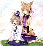  blonde_hair bracelet brown_eyes dress earmuffs flower grey_eyes grey_hair hat japanese_clothes jewelry kariginu long_hair long_sleeves makuwauri mononobe_no_futo multiple_girls open_mouth ponytail short_hair sitting sleeveless smile tate_eboshi touhou toyosatomimi_no_miko wide_sleeves 