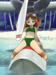  airplane alternate_eye_color arm_support artist_name beach bikini copyright_request dated goggles goggles_on_head military nakajima_a6m2-n nasa-chan navel no_nose ocean peacock_(p-location) propeller red_eyes red_hair redhead seaplane shore short_hair short_twintails signature solo swimsuit tree twintails water 