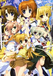  :d absurdres asteion bardiche blonde_hair blue_eyes blush bow breasts brown_hair bunny cat einhart_stratos fang fate_testarossa fingerless_gloves fujima_takuya gloves green_eyes green_hair hair_ornament hair_ribbon highres long_hair lyrical_nanoha mahou_shoujo_lyrical_nanoha_vivid miura_rinaldi multiple_girls navel open_mouth pink_hair purple_eyes rabbit red_eyes ribbon sacred_heart scan school_uniform schwertkreuz short_hair side_ponytail smile socks staff star star_saber sweater_vest takamachi_nanoha violet_eyes vivio wristband yagami_hayate 