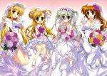  :d absurdres anklet armlet blonde_hair blue_eyes blush bouquet breasts brown_hair cleavage dress einhart_stratos elbow_gloves fate_testarossa feet flower flower_necklace frills fujima_takuya gloves green_eyes heart heterochromia highres jewelry large_breasts long_hair lyrical_nanoha mahou_shoujo_lyrical_nanoha mahou_shoujo_lyrical_nanoha_vivid multiple_girls necklace open_mouth purple_eyes red_eyes sandals scan side_ponytail smile takamachi_nanoha toes violet_eyes vivio wedding_dress white_dress 