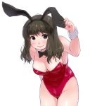  animal_ears black_eyes breasts brown_hair bunny_ears bunnysuit cleavage detached_collar female large_breasts leaning_forward leotard original plump px8xq rabbit_ears smile solo wrist_cuffs 