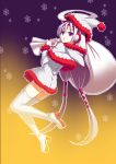  1girl ahoge ass boots christmas dimples_of_venus dress forehead_jewel fur_trim gradient gradient_background hat high_heel_boots high_heels highres holding inugoya long_hair low_twintails outline sack santa_costume santa_hat snowflakes solo thigh-highs thigh_boots twintails under_night_in-birth vatista very_long_hair violet_eyes white_hair white_legwear 