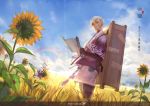  axis04 bunny butterfly eyepatch flower grass japanese_clothes pixiv_fantasia pixiv_fantasia_sword_regalia rabbit rainbow red_eyes scroll standing sunflower white_hair 