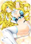  altrene ass blonde_hair blue_eyes blush breasts busou_shinki cleavage cleavage_cutout doll_joints elbow_gloves gloves hair_tussle highres large_breasts long_hair lying midriff necktie on_back r0g0b0 solo thigh-highs thighhighs 