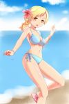  alternate_hairstyle beach bikini bracelet breasts cleavage cloud clouds flower hair_flower hair_ornament highres horizon jewelry koma_(wsgtt1300) mahou_shoujo_madoka_magica navel ocean ponytail sandals side-tie_bikini sky solo swimsuit tomoe_mami 