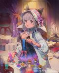  :d alchemist animal_ears book bookshelf breasts curtains flower holding labcoat looking_at_viewer open_book open_mouth pink_eyes riqurr short_hair silver_hair smile solo star tenkuu_no_crystalia test_tube test_tube_rack vial watermark 
