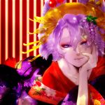  crossdressinging eyeshadow flower hair_flower hair_ornament japanese_clothes kimono lowres makeup oiran original purple_eyes purple_hair smile trap violet_eyes 
