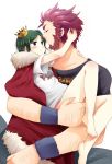  :t androgynous barefoot beard blue_eyes blush bob_cut cape casual crown facial_hair fate/zero fate_(series) green_hair hiroichi multiple_boys pout red_hair redhead rider_(fate/zero) size_difference size_different t-shirt waver_velvet 