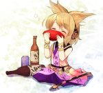  blonde_hair bottle bracelet closed_eyes dress drinking drunk earmuffs eyes_closed jewelry makuwauri minigirl rough sakazuki sake sheath short_hair sitting sleeveless solo sword touhou toyosatomimi_no_miko weapon 