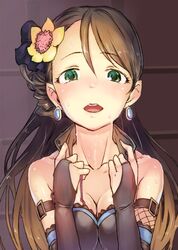  1girl bangs bare_shoulders blush breasts brown_hair cleavage collar elbow_gloves eyebrows eyebrows_visible_through_hair flower gloves green_eyes hair_flower hair_ornament idolmaster idolmaster_cinderella_girls long_hair looking_at_viewer nametake nishikawa_honami open_mouth smile solo swept_bangs upper_body 