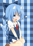  akisha animal_ears blue_eyes blue_hair bow cat_ears cat_tail cirno dress fang hair_bow heart highres ice ice_wings kemonomimi_mode open_mouth short_hair short_sleeves solo tail tears touhou wings 