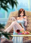  absurdres blurry book brown_hair butterfly choker darkmuleth depth_of_field dress fairy food fruit high_heels highres jewelry long_hair nude open_shoes original red_eyes ring shoe_dangle shoes sitting thigh-highs thighhighs 
