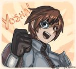  brown_eyes brown_hair bust clenched_hand colored eternal_arcadia eyepatch flight_goggles gloves junkpuyo lowres senjou_no_valkyria senjou_no_valkyria_1 short_hair solo vyse 