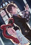  1boy black_hair brown_eyes cellphone chain chains cross formal holding looking_at_viewer male necktie original paper phone pinstripe_pattern pinstripe_suit pocket_watch smile snake solo suit watch window 