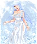  ^_^ aoshima bare_shoulders blue_hair breasts cleavage closed_eyes dress eyes_closed highres large_breasts long_hair open_mouth original smile solo very_long_hair white_dress 