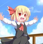  :d ascot blonde_hair highres lens_flare nikku_(ra) open_mouth outstretched_arms red_eyes revision rumia sky smile solo sunbeam sunlight touhou 