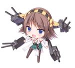  1girl :d blue_eyes brown_hair chibi detached_sleeves hairband hiei_(kantai_collection) kantai_collection looking_at_viewer machinery mitarai_eriya nontraditional_miko open_mouth plaid plaid_skirt pleated_skirt short_hair skirt smile solo turret 