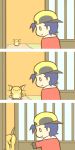  3koma :&gt; :3 baseball_cap blue_hair cafe_(chuu_no_ouchi) comic door gold_(pokemon) hat pokemon pokemon_(creature) pokemon_(game) pokemon_hgss raichu short_hair smile squish 