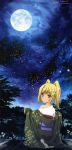  absurdres asagi_asuka blonde_hair character_request copyright_request flower full_moon hair_ornament hairclip highres japanese_clothes long_image looking_back magical_suite_prism_nana mikami_tomoe moon night night_sky off_shoulder sky solo star star_(sky) starry_sky stick_poster tabi tall_image tree 